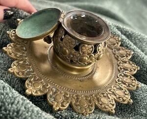 Ornate Brass Inkwell Antique Art Nouveau with Original Glass Insert